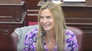 La legisladora Amalia Granata se sonríe tras el elogio al reelegido presidente Pablo Farías.&nbsp; 
