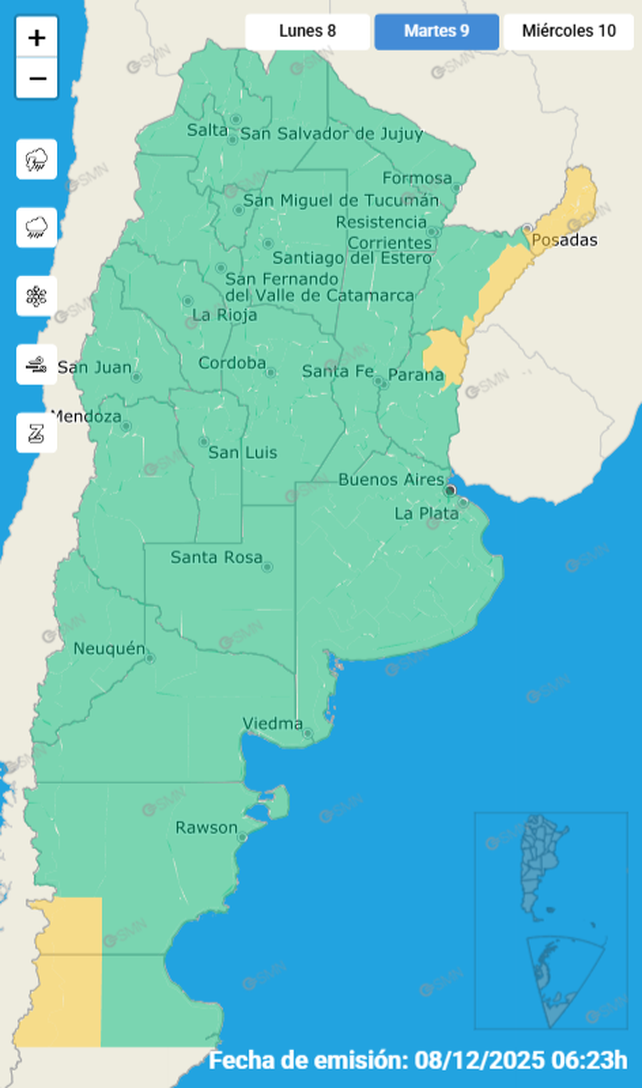 Alerta amarilla para el martes