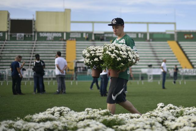 Preparativos. Un chico ayuda al diseño floral en el estadio Arena Condá.&nbsp;