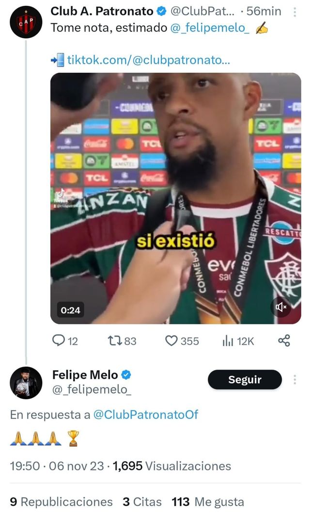 Patronato le marcó la cancha a Felipe Melo