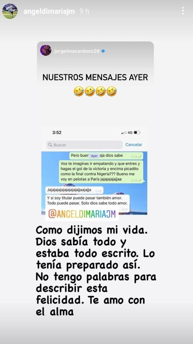 La esposa de Di María le anticipó el gol en un chat de WhatsApp