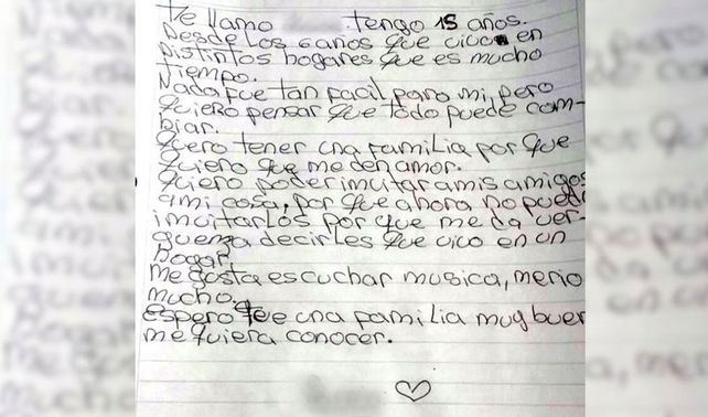 Una joven de 15 años pidió en una emotiva carta ser adoptada