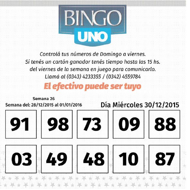 Números del BINGO UNO de la semana del 28 de diciembre al 1 de enero