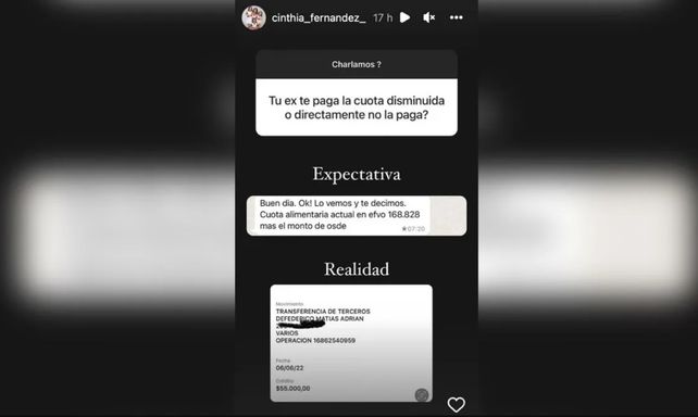 Cinthia Fernández mostró la transferencia de la cuota alimentaria que le envía Matías Defederico