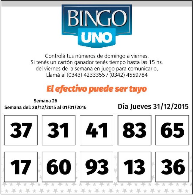 Números del BINGO UNO de la semana del 28 de diciembre al 1 de enero