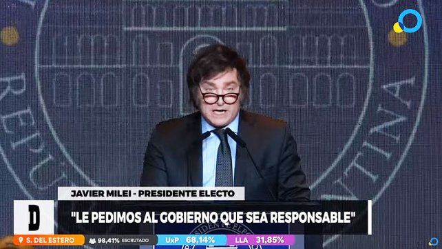 Javier Milei pronunció su primer discurso como presidente electo. Convocó a otras fuerzas a trabajar juntos y anticipó que el ajuste se hará sin gradualismo