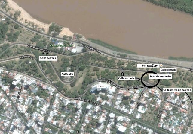 Vista de los cortes. Está impedido el tránsito vehicular a lo largo de toda la Costanera Media.