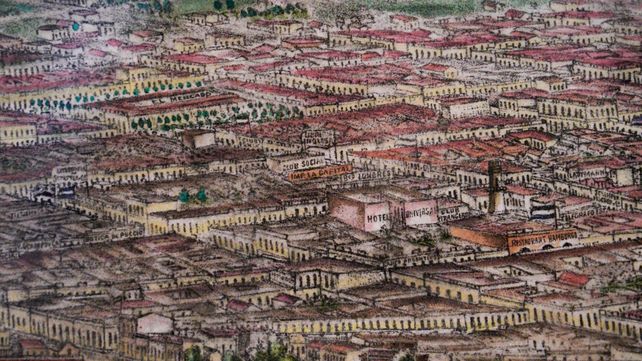 Fragmento de litografía de Rosario realizada por Jhoannes Schreiber en 1875. En el centro de la imagen se puede apreciar la referencia a la imprenta La Capital. 