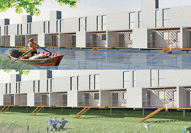 En la Vuelta del Paraguayo. En el proyecto de relocalización de familias se piensa construir dos caminos perpendiculares al ingreso principal –todos en cota segura– y luego las 80 viviendas. La parte trasera mirará hacia el río que cuando este bajo será un gran espacio verde (imagen de arriba) y en época de crecida