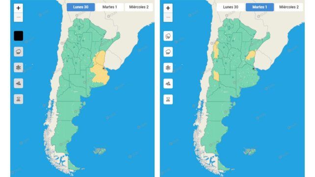 El Servicio Meteorológico Nacional (SMN) advirtió por lluvias fuertes con actividad eléctrica y caída de granizo para este lunes en Entre Ríos.