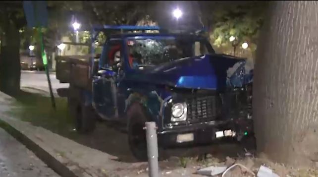 La camioneta choçó contra un poste de luz y después quedó incrustado en un palo borracho del cantero central de avenida Belgrano. (Foto: captura de TV)