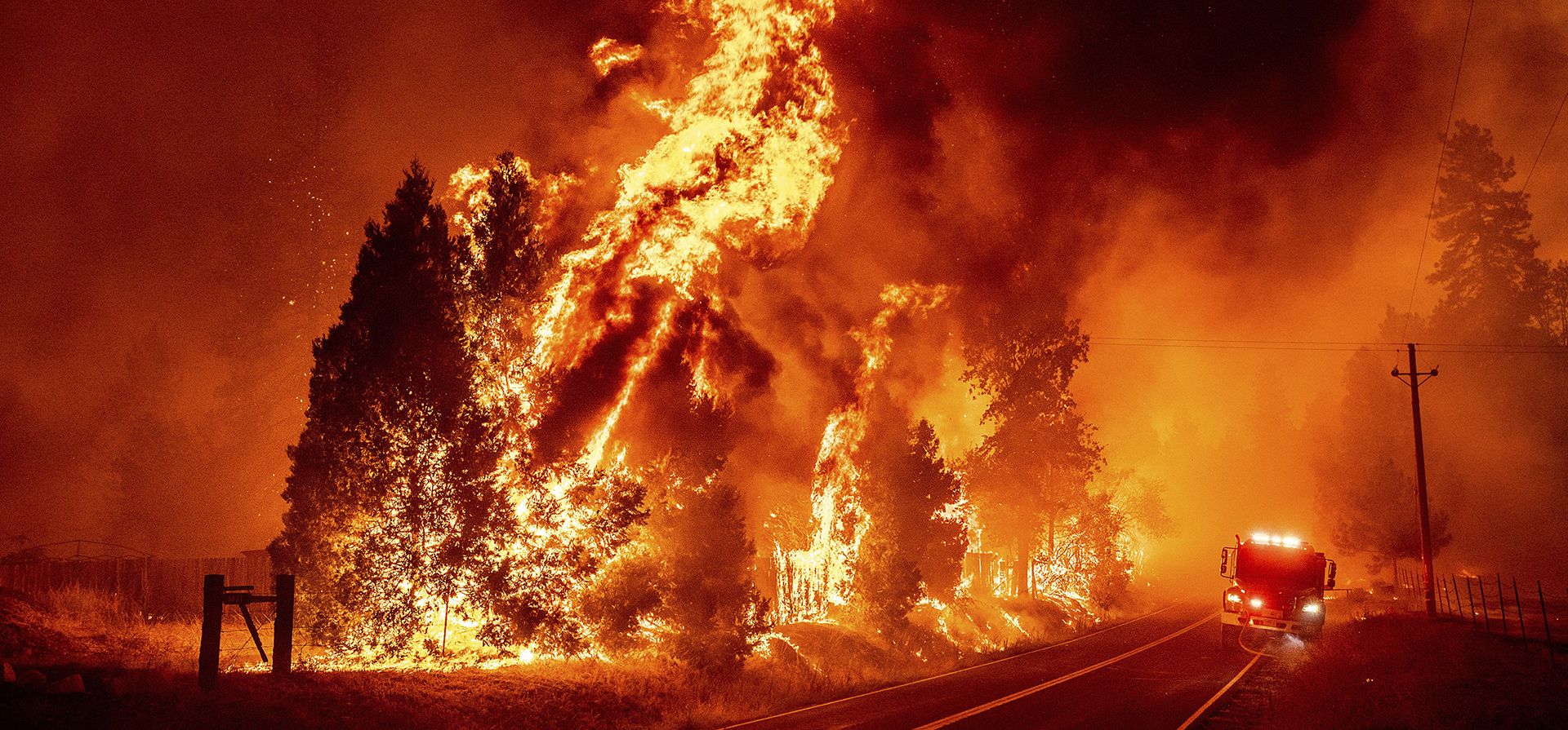 Las llamas saltan de los árboles cuando el Oak Fire cruza Darrah Rd. en el condado de Mariposa, California, el viernes 22 de julio de 2022.