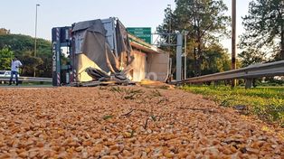Un camión volcó el acoplado cargado de maíz que trasladaba a la provincia de Entre Ríos, en avenida de la Constitución, a la altura del Museo de la Constitución&nbsp;