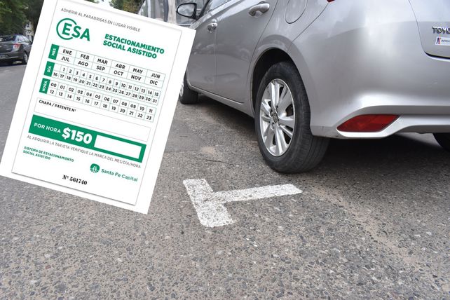 Dársenas pintadas en las calles de barrio Candioti y tarjetón de cara al nuevo estacionamiento social.