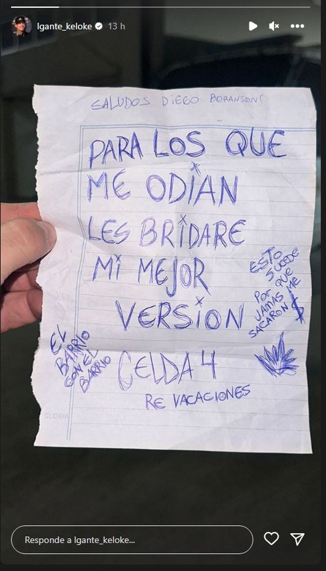 L-Gante volvió a mandar mensajes desde la cárcel, a través de su cuenta de Instagram. 
