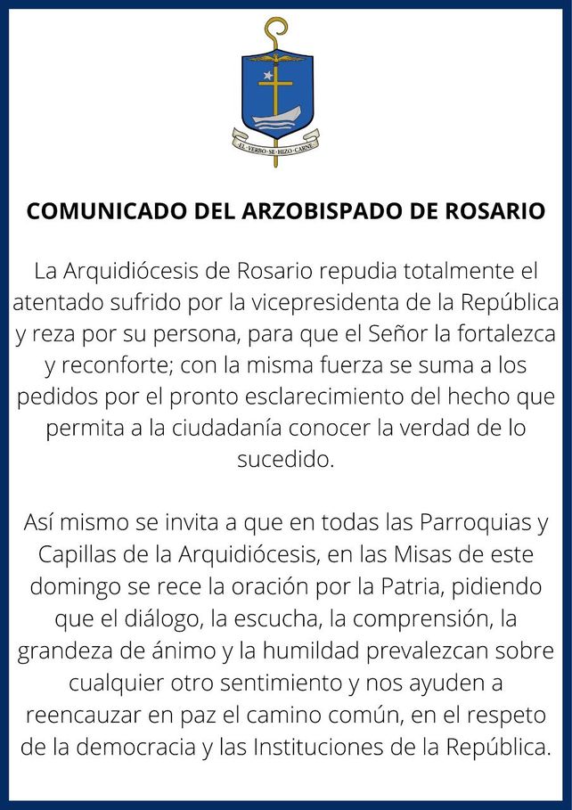 Atentado contra Cristina: Hay que bajar los decibeles de  agresividad, pidió el arzobispo de Rosario