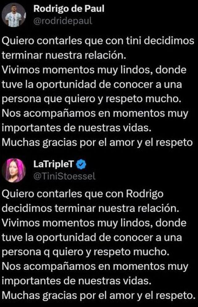 Rodrigo de Paul y Tini Stoessel anunciaron su separación en redes sociales a fines de 2023
