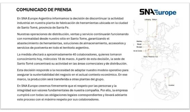 Otro golpe a la producción de Santa Fe: Bahco dejará de producir en Santo Tomé, despedirá a 40 trabajadores  y se dedicará al mantenimiento y comercialización