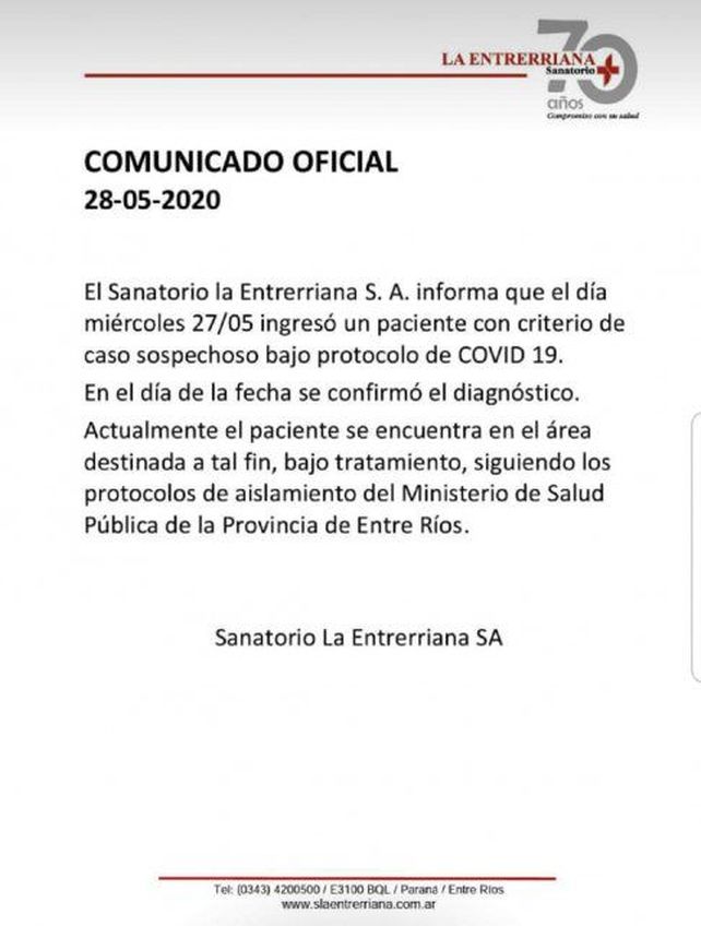 Hisopado negativo para el paciente de San Benito internado en Paraná