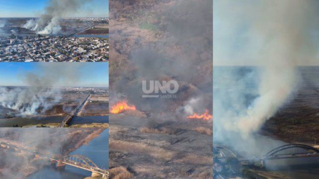 Un impactante incendio en zona de islas del río Salado se desató este lunes por la tarde. Imágenes gentileza Santa Fe en Dron.