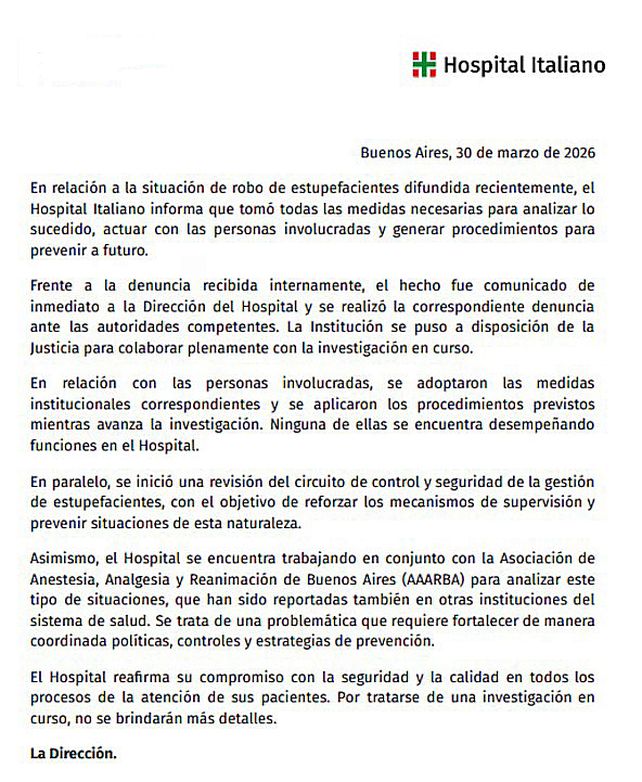 Investigación por robo de fármacos en el Hospital Italiano revela organización de fiestas con sedación médica controlada con propofol y fentanilo