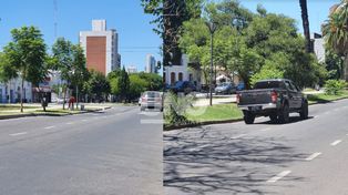 Los hundimientos sobre la carpeta asfáltica en el carril sur de Bulevar, se registran al 3.100, a la altura del Ministerio de la Producción, y al 1.600, frente a la Plaza Pueyrredón.