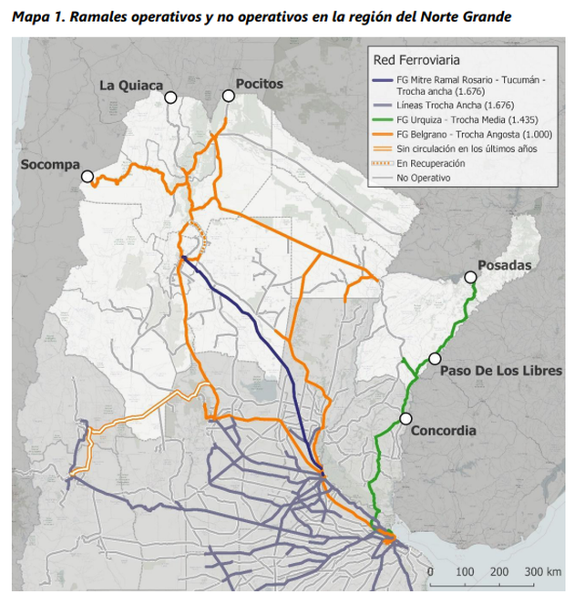 El mapa de las líneas de trenes de carga que integran el llamado Belgrano Cargas