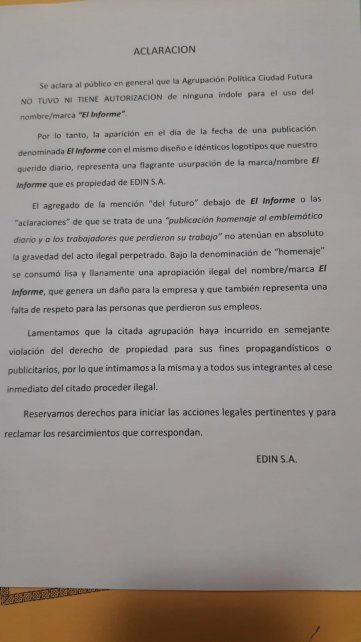 Edin SA, propietaria del malogrado diario El Informe que cerró en 2020, no descartó iniciar acciones legales contra Ciudad Futura.