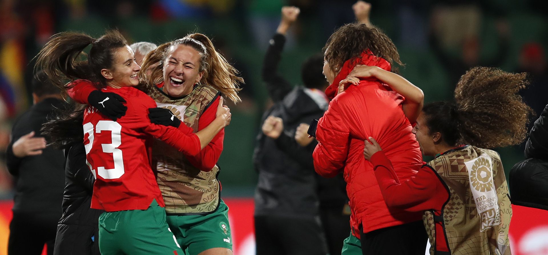 Las jugadoras de Marruecos celebran después del partido de fútbol del Grupo H de la Copa Mundial Femenina entre Marruecos y Colombia en Perth, Australia, el jueves 3 de agosto de 2023. (Foto AP/Gary Day) Las jugadoras de Marruecos celebran después del partido de fútbol del Grupo H de la Copa Mundial Femenina entre Marruecos y Colombia en Perth, Australia, el jueves 3 de agosto de 2023. (Foto AP/Gary Day)