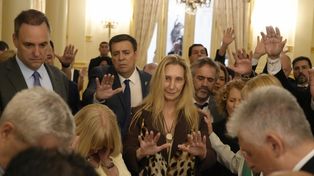 Evangélicos en la Casa Rosada con los hermanos Karina y Javier Milei.
