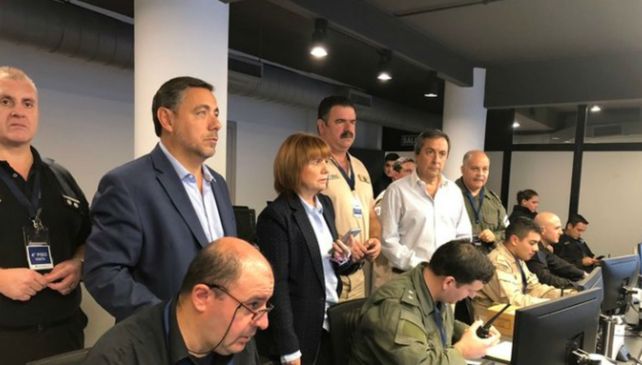 La ministra de Seguridad Patricia Bullrich en el comando para seguir las alternativas del paro general.&nbsp;
