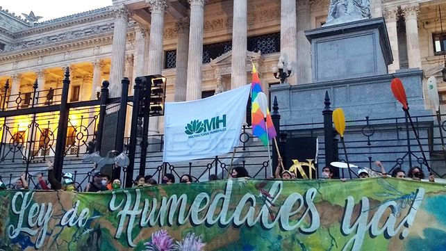 Ambientalistas protestan frente al Congreso tras la suspensión del plenario de comisiones que iba a tratar la Ley de Humedales&nbsp;