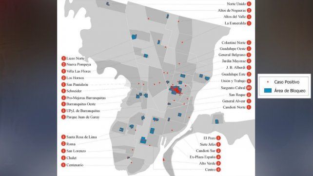 El mapa de los casos de dengue en la ciudad de Santa Fe. 