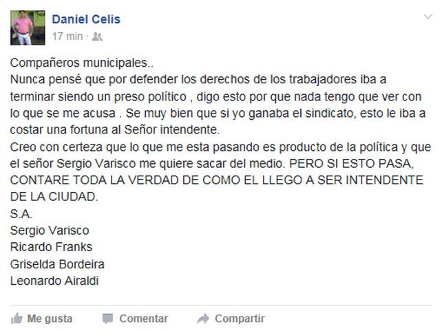 Celis culpó a Varisco y amenazó con decir cómo llegó a ser intendente