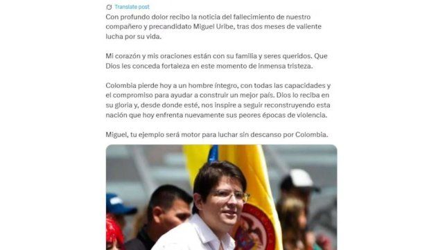 Colombia: murió el precandidato presidencial Miguel Uribe Turbay