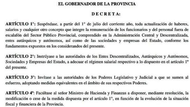 El decreto que suspende los aumentos de sueldos a los funcionarios en Entre Ríos.