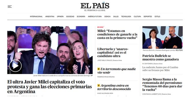 La reacción de los medios internacionales ante el triunfo de Milei en las Paso