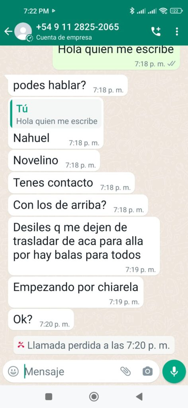 Presunto mensaje por whatsapp de Nauel Novelino al delegado del ministerio de Seguridad provincial, Sergio 