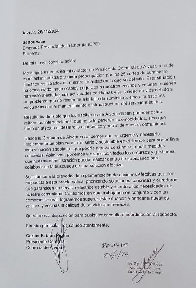 Crítica situación en Alvear: tras 29 cortes de energía, el presidente comunal exige soluciones