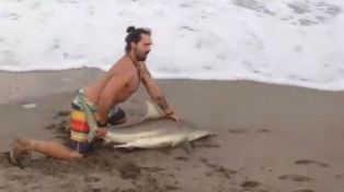 Indignación con un joven que sacó del mar a una cría de tiburón para tomarse fotos
