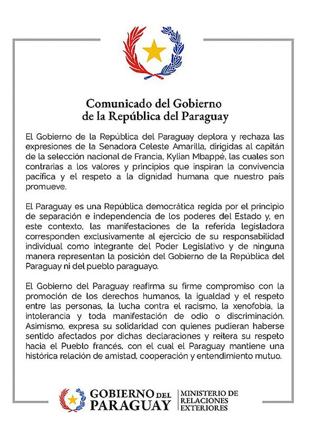 El gobierno de Paraguay se despegó de la sdeclaraciones de la cenadora Celeste Amarilla por sus insultos a Kylian Mbappé