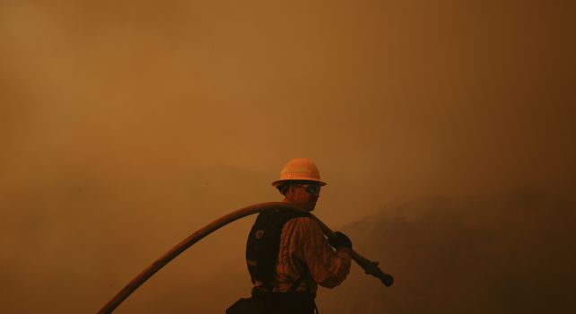 Un bombero monitorea el avance del incendio Palisades en Mandeville Canyon el sábado 11 de enero de 2025 en Los Ángeles.
