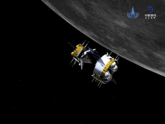 Imagen artística de la sonda china sobre la Luna. Cargó dos kilos de rocas y está viajando de regreso.