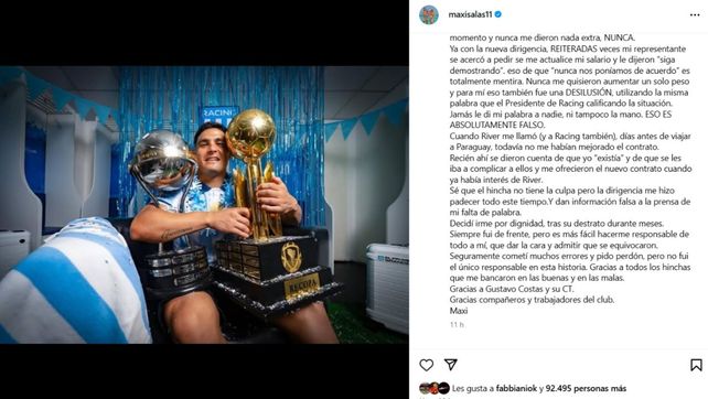Maxi Salas lanzó un dardo contra la dirigencia de Racing: ¿quién reaccionó en Newells?