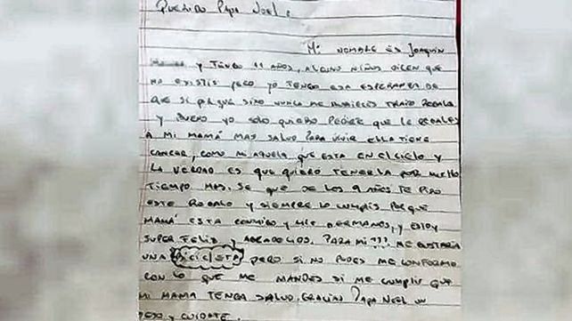 Tiene 11 años y le escribió una carta a Papá Noel pidiéndole salud para su mamá con cáncer
