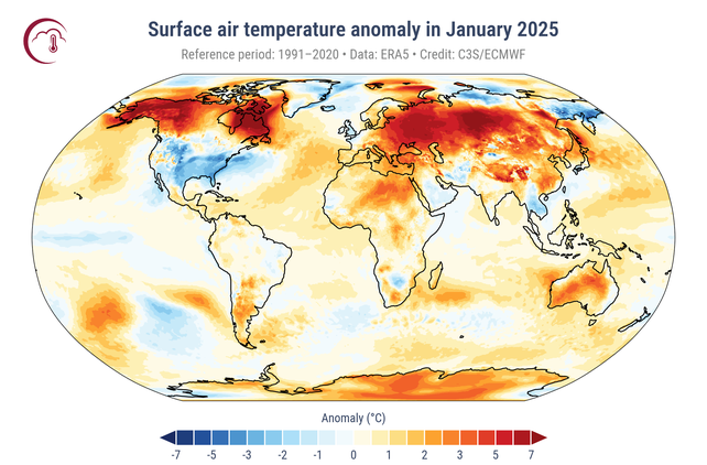 Anomalías de temperatura registradas por el programa Copernicus durante enero del 2025.