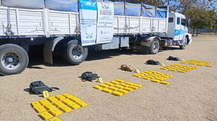 Efectivos de Gendarmería exhiben la cocaína que viajaba en un camión, escondida entre harina de soja, hacia Rosario. El hallazgo se produjo en ruta 34, en Santiago del Estero.