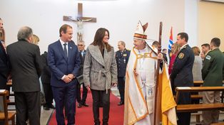 El gobernador Bordet, la intendente de Villaguay Claudia Monjo y monseñor Juan Puiggari.