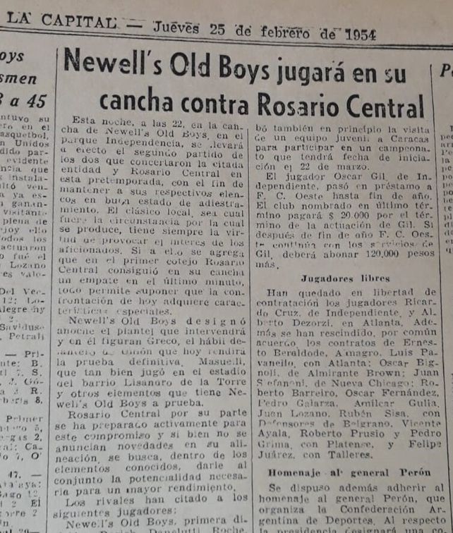 El anuncio de La Capital de un amistoso entre Newells y Central del 25 de febrero de 1954