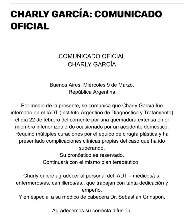 Charly sigue internado con pronóstico reservado por una quemadura en su pierna